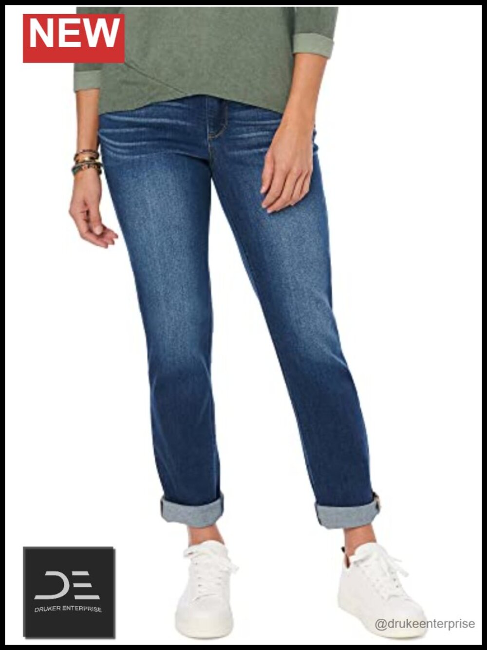 Democracy Cuffed Girlfriend Jean Mid Rise Straight Leg Cotton Blend Denim